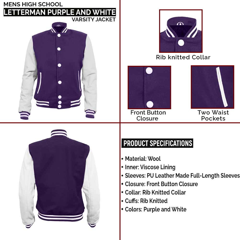Mens High School Letterman Purple and White Varsity Jacket William infographic