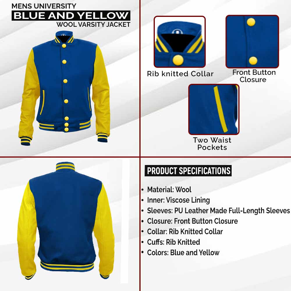 Mens University Blue and Yellow Wool Varsity Jacket infographic