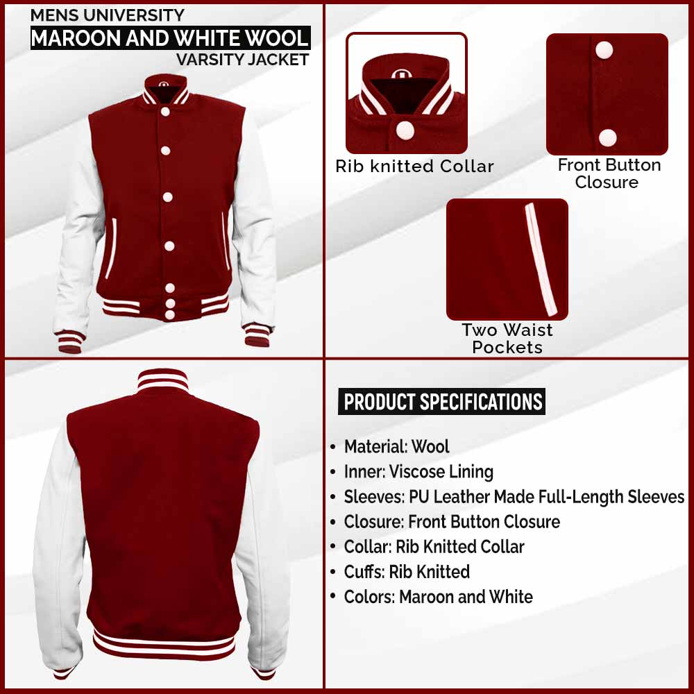 Mens University Maroon and White Wool Baseball Varsity Jacket william Infographic