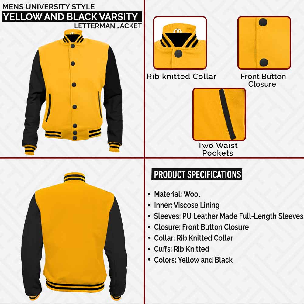 Mens University Style Yellow and Black Varsity Letterman Jacket William infographic