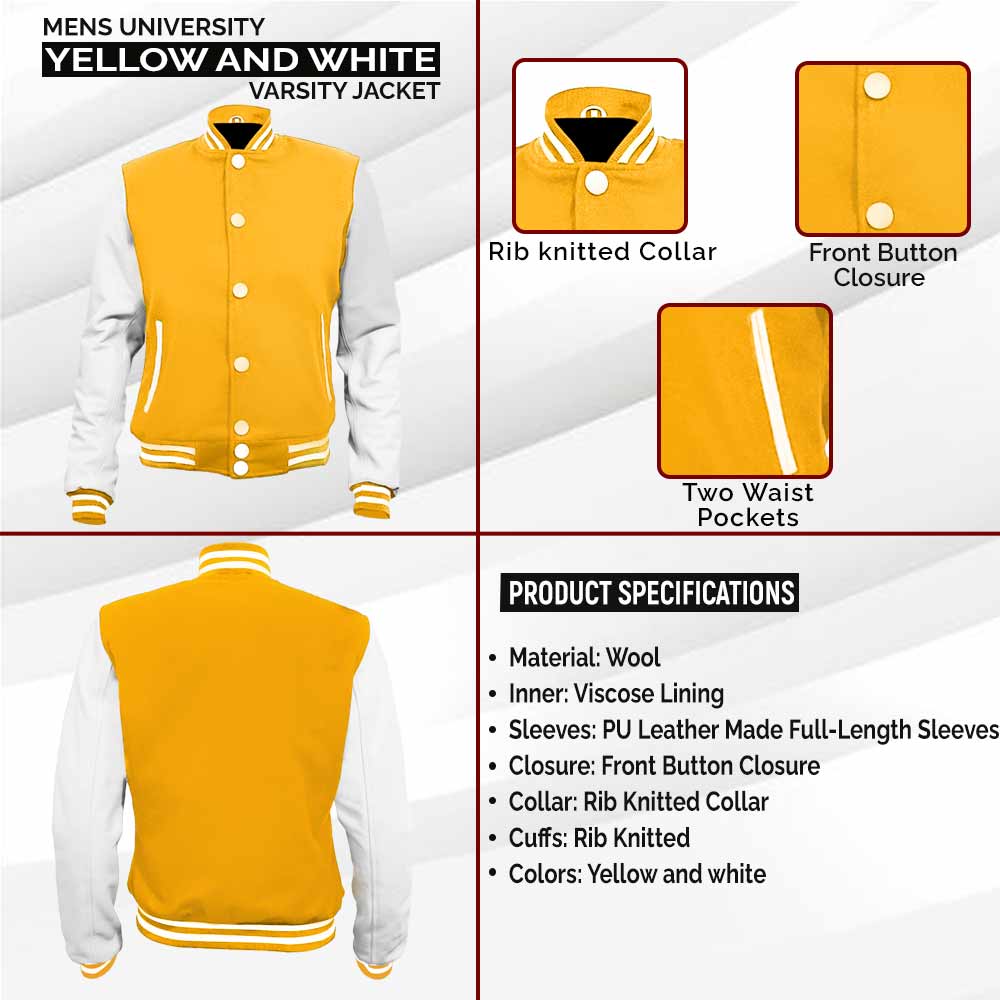 Mens University Yellow and White Football Varsity Jacket William infographic