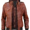 Mens Biker Bomber Brown Leather Jacket With Removable Front Hood