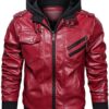 Mens Removable Hood Bomber Red Real Leather Jacket