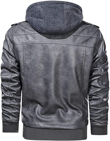 Mens Removable Hood Grey Bomber Leather Jacket - William Jacket