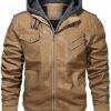 Mens Removable Hood Motorcycle Leather Khaki Jacket