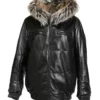 Black Reversible Leather Fox Fur Bomber Hood Jacket