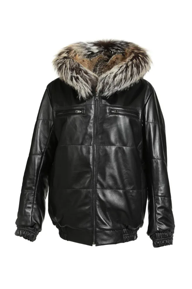 Black Leather Reversible Fox Fur Bomber Hood Jacket - William Jacket
