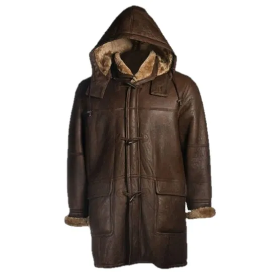 Brent Hook Closure Chocolate Brown Hooded Leather Coat
