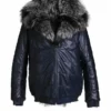 Mens Black Real Leather Bomber Reversible Fur Jacket With Hood