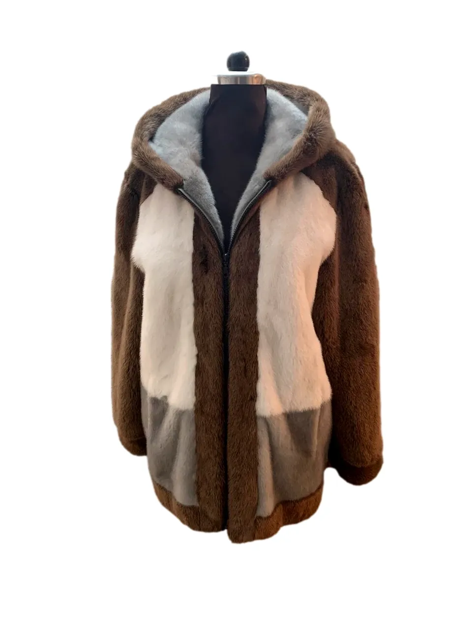 Real Mink Fur Jacket With A Hood in Brown Color 