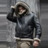 Mens Hooded Shearling Fur Black Bomber Leather Jacket