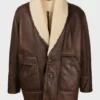 Mens Shearling Fur Buttoned Closure Brown Leather Coat