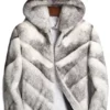 Mens White and Grey Cross Hooded Mink Fur Coat