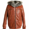 Reversible Leather Fox Fur Brown Bomber Jacket With Hood