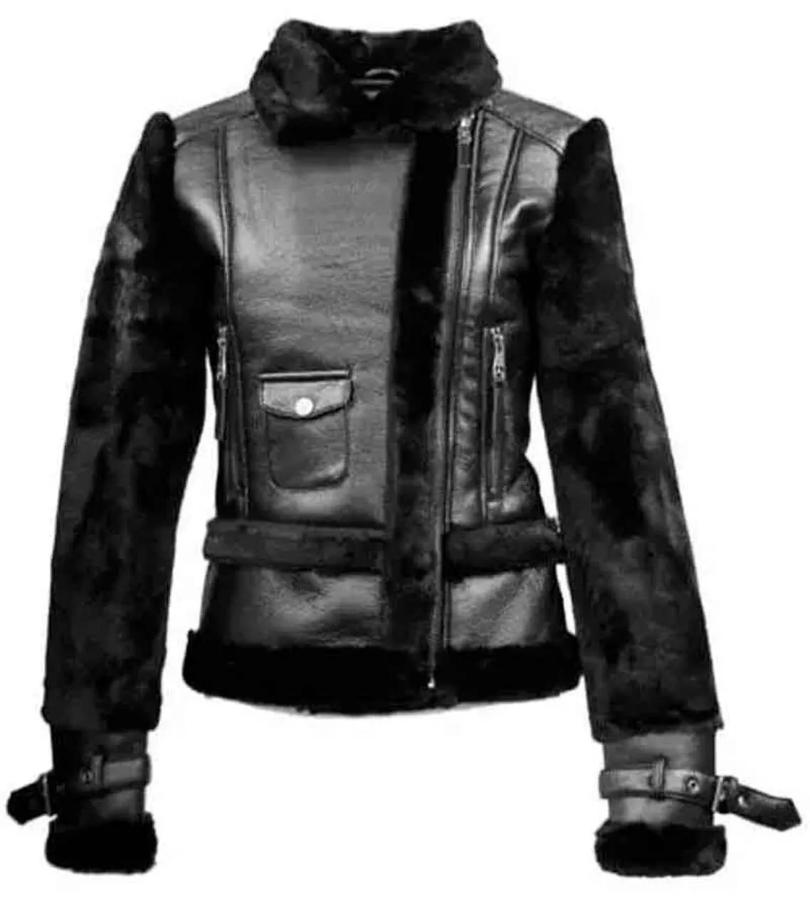 Top Gun Womens Black Fur Zip Up Leather Jacket - William Jacket
