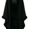 Womens Black Cashmere Rex Fur Trimed Cape Coat