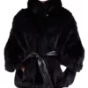 Womens Fox Fur Black Cape Coat With Leather belt