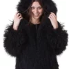 Womens Mongolian Lamb Fur Black Hooded Coat