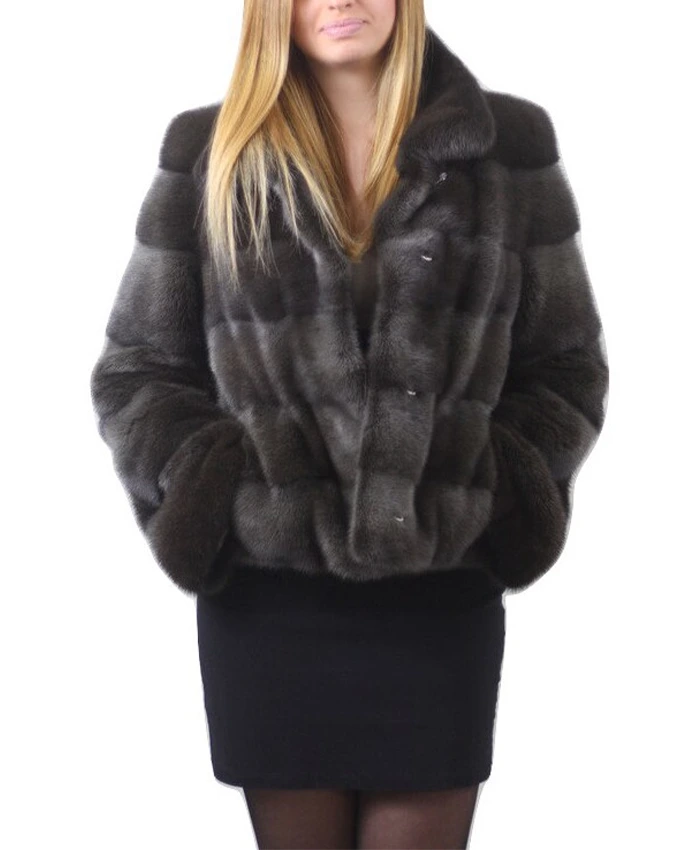 Womens Mink Fur Notched Collar Gray Winter Jacket - William Jacket