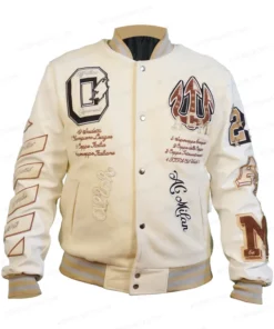 Shop Off-White Logo Patch Leather Sleeve Varsity Jacket