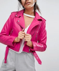 Bershka Faux Leather Racer Jacket In Pink