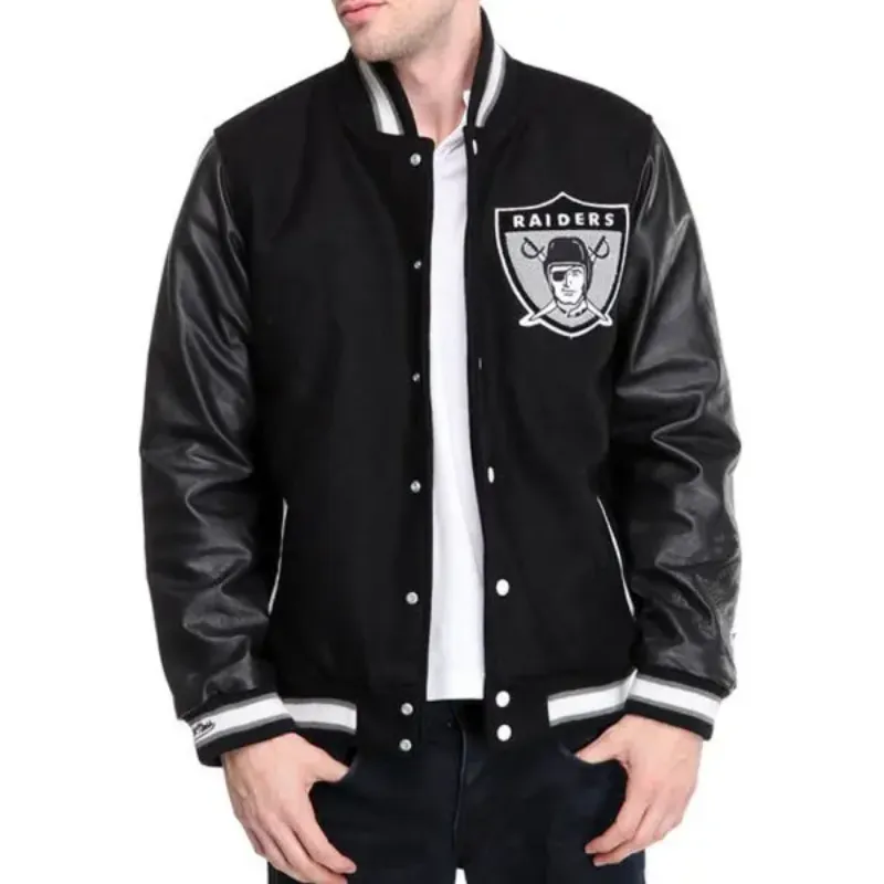 Logo Las Vegas Raiders Varsity Black Full-Zip Wool/Leather Jacket