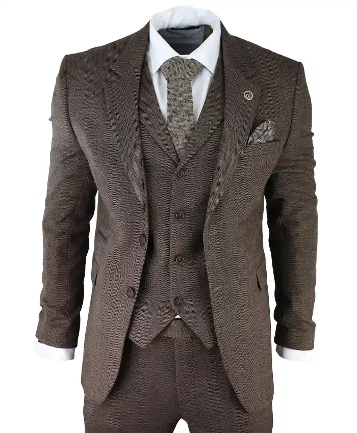 Mens Herringbone Tweed 3 Piece Classic Brown Suit For Sale