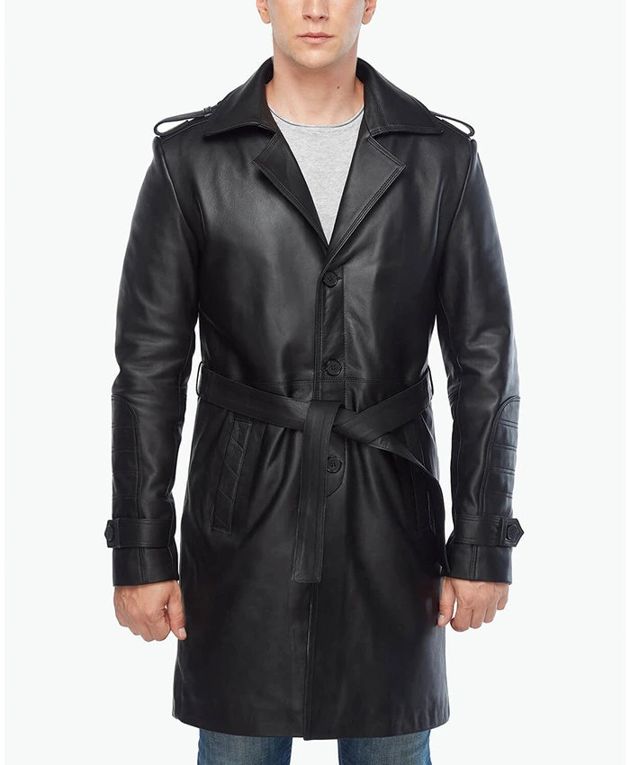 Black Real Leather Vintage Trench Coat For Sale - William Jacket
