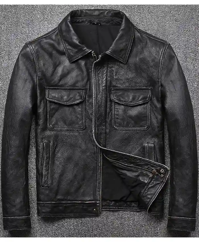 Four Pockets Real Leather Vintage Biker Jacket For Sale