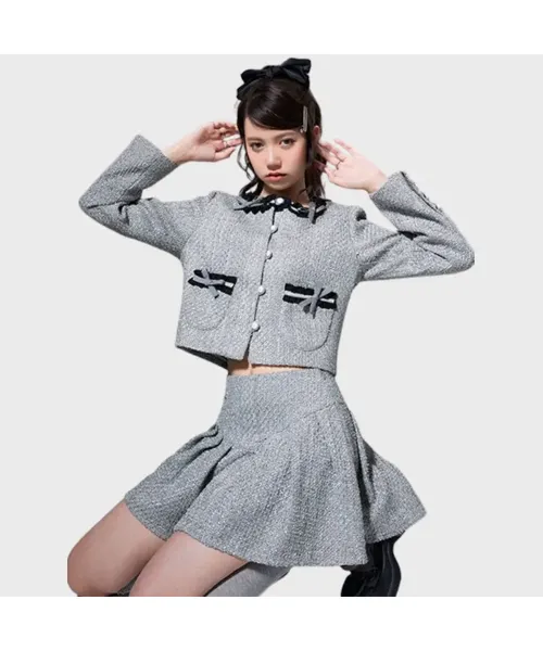 Fashion Small Fragrance Tweed Two Piece Set Women Crop Top Bow
