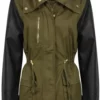 Army Green Jacket with Leather Sleeves