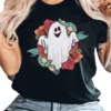 Halloween 2023 Floral Ghost Black Cotton T-Shirt