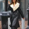 Emily Ratajkowski Black Leather Fur Coat