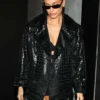 Hailey Bieber Paris Fashion Week Black Leather Jacket