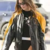 Hailey Bieber Black and Yellow Leather Jacket