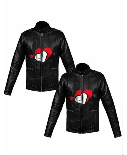 Valentine Couple Heart Printed Black Leather Jacket