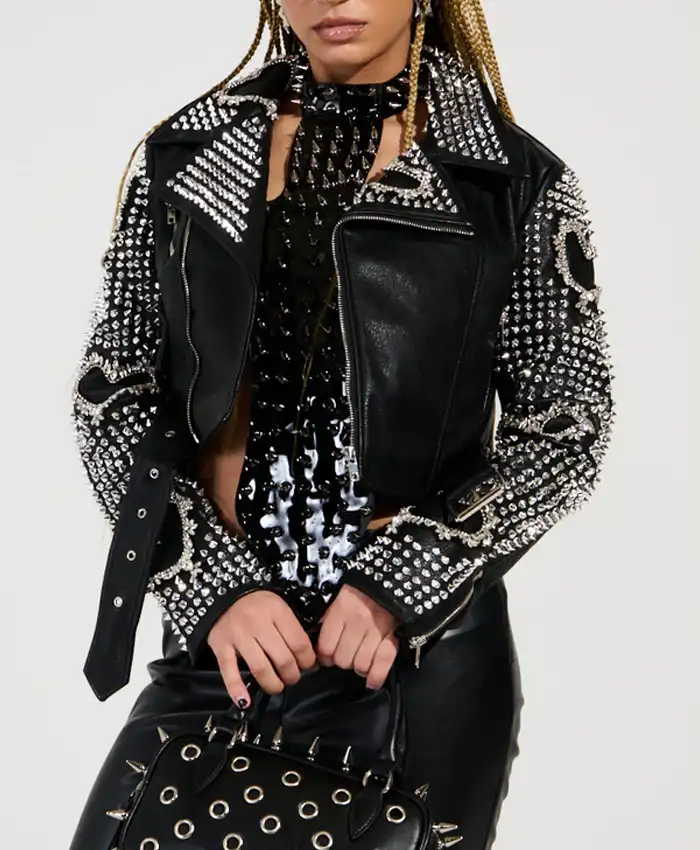 Womens Black Punk Embellised Motorcycle Jacket For Sale